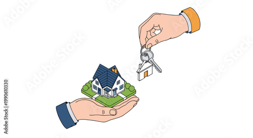 Professional hands exchanging a set of house keys and a miniature suburban home model in a real estate concept illustration.