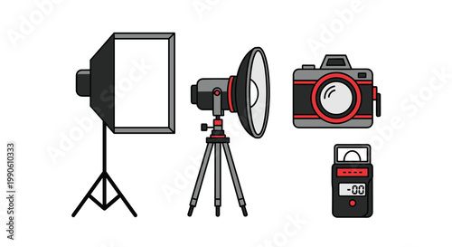 Vector illustration of photography equipment including a softbox a flash on a tripod a camera and a light meter, Generative AI.