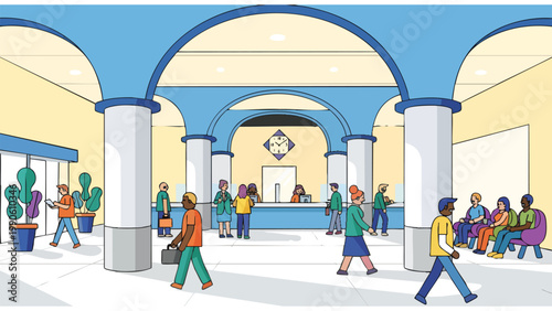 Modern Business Lobby & Reception Area with Diverse People - Corporate Office Interior