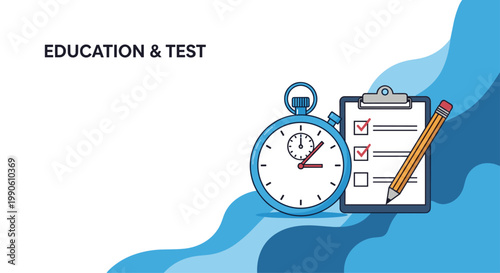 Education and test preparation concept with a blue stopwatch, clipboard, and pencil on a wavy abstract background.