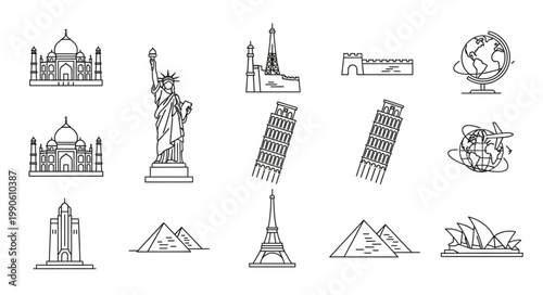 Collection of famous world landmarks in sketch style.