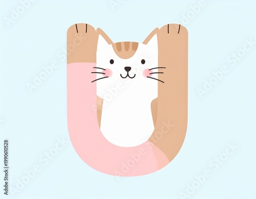 Cute cartoon cat shaped like letter U in minimalist flat style, playful animal alphabet illustration