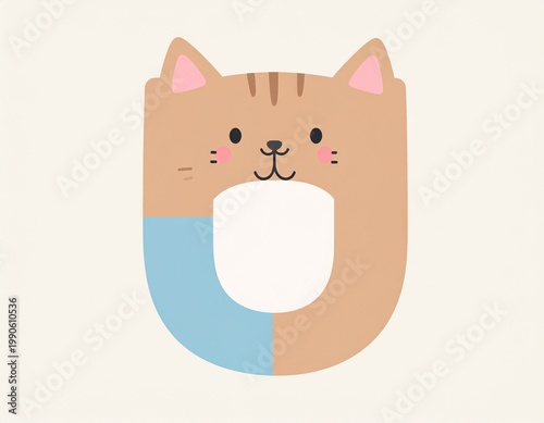 Cute cartoon cat shaped like letter U in minimalist flat style, playful animal alphabet illustration