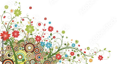 Vibrant and colorful floral arrangement featuring abstract geometric circles and whimsical green vine patterns.
