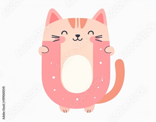 Cute cartoon cat shaped like letter U in minimalist flat style, playful animal alphabet illustration