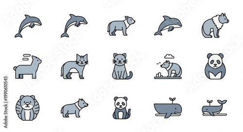 Collection of cartoon animal icons in flat design style.