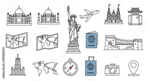 Collection of Travel Icons and Landmarks Illustration.