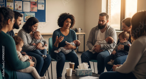 Group of young parents holding infants in a postpartum support group session sharing experiences in a community center