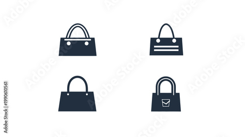 Four black stylized tote bag icons with handles against a white background, representing shopping