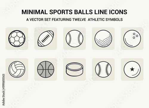 Minimal Sports Ball Line Icons Vector Set – Soccer, Basketball, Tennis, Baseball, and More