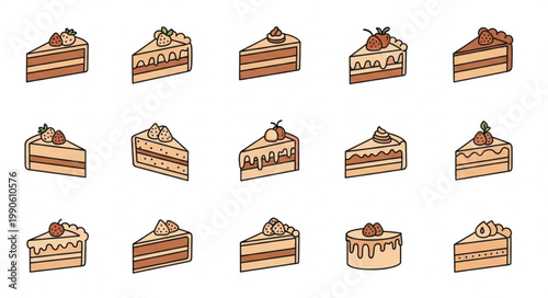Collection of delicious cake slices with various toppings and layers.