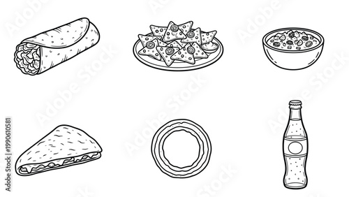 Mexican Food and Drink Line Art Icons Set. Burrito, Nachos, Quesadilla, Taco, Chili, Soda Bottle Outline Vector Illustrations.