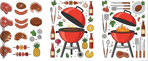 BBQ Grill Vector Illustration Set with Meat Cuts, Sausages, Skewers, Pineapple, Cooking Tools, and Fire for Outdoor Barbecue Party Design