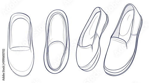 Four shoe outlines in different perspectives, white background, black and white sketch