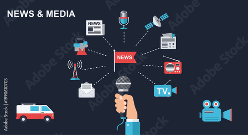Infographic design for news and media services featuring various communication icons on a dark blue background.