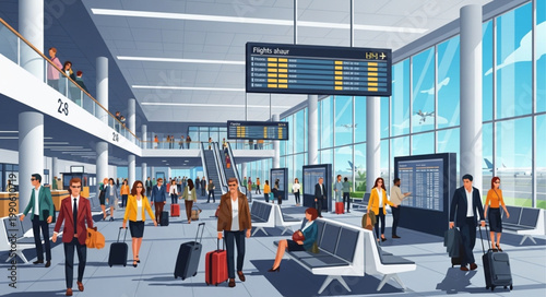 Busy Airport Terminal with Travelers and Flight Information Displays.