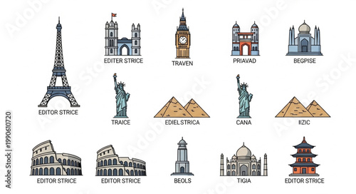 Collection of famous world landmarks and monuments in a cartoon style.