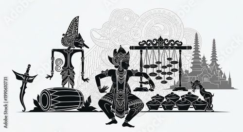 Traditional Indonesian Wayang Kulit Shadow Puppets and Cultural Symbols.