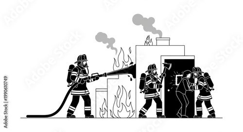 Firefighters bravely battling a house fire rescuing civilians.