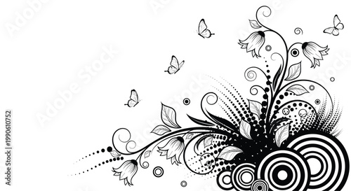 Elegant black and white floral composition with abstract circle patterns and graceful butterfly accents in a corner.