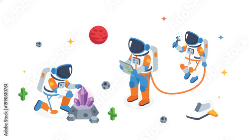 Astronauts exploring and mining crystals in space. Flat design illustration of cosmic research, discovery, and future technology.