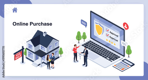 Online real estate purchase concept showing a house being bought through a computer laptop with digital approvals.