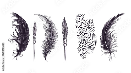 Hand-drawn illustrations featuring ink feathers and pens alongside stylized Arabic calligraphy