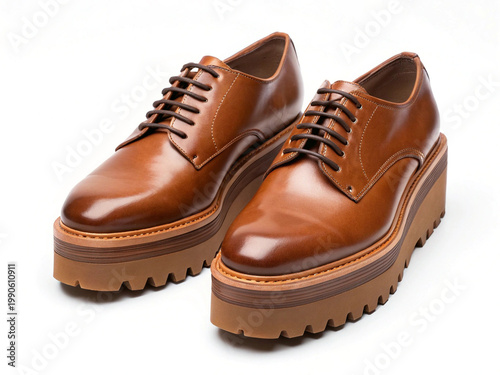 Brown leather platform shoes with lug sole isolated