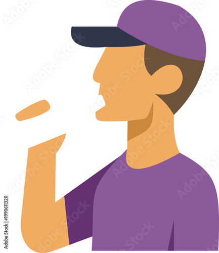 Man wearing a cap and purple shirt consuming something from his hand in profile