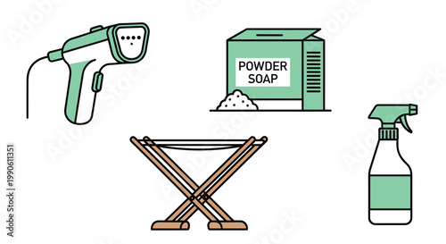 Vector illustration of household cleaning tools and supplies including a steamer powder soap spray bottle and drying rack, Generative AI.