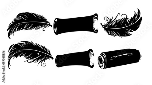 Artistic arrangement of feathers and cylindrical objects in stark black against a white background