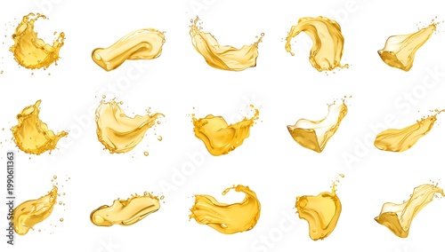A set of golden yellow water splashes isolated on a white background, representing freshness and movement. The liquid creates dynamic shapes.