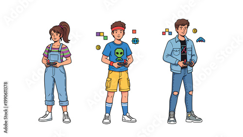 Youthful Gamers Holding Controllers Amidst Pixel Art Game Elements