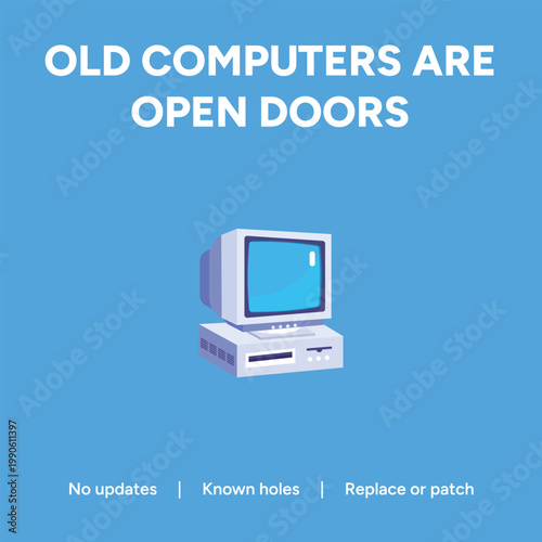 Understanding the security implications of legacy computer systems, this vector illustration warns about open doors for cyber threats.