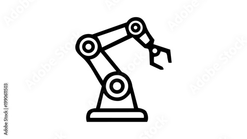 An industrial automation concept icon showing a robotic arm with joints and a gripper, representing manufacturing, engineering, or artificial intelligence in clean black outline vector style.
