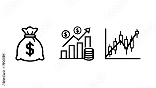A finance and investment icon set showing a money bag, a growth chart with coins, and a stock market candlestick graph in clean black outline vector style.