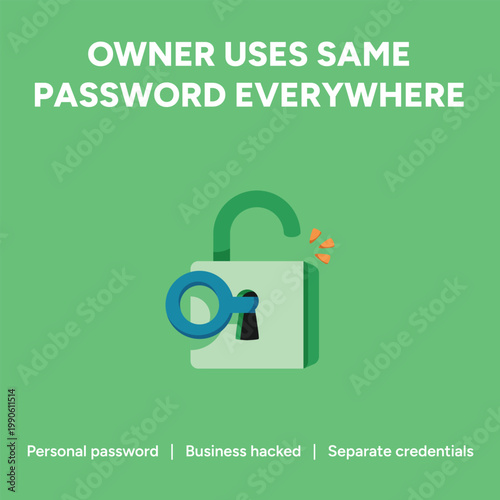 Cybersecurity vector illustration showing an unlocked green padlock and a blue key representing the dangers of using weak recycled passwords