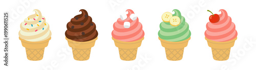 Soft serve ice cream cone collection with various flavors and toppings, flat vector illustration