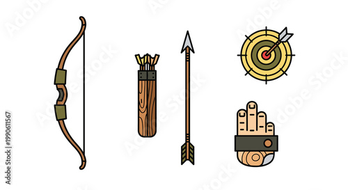 A set of colorful cartoon archery icons including a bow quiver arrow target and thumb guard, Generative AI.