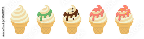 Soft serve ice cream cone collection with various flavors and toppings, flat vector illustration