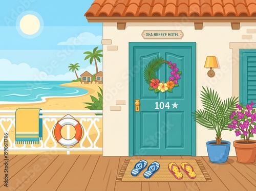 Tropical seaside hotel room with the door and some beach theme object on the balcony. The scene is bright and cheerful, evoking a sense of relaxation and vacation