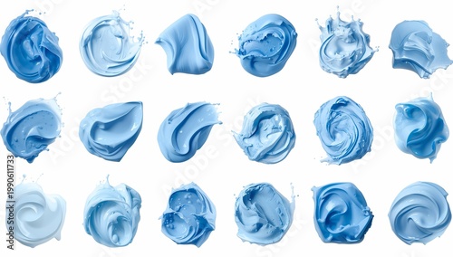 Swatches of creamy blue product, showcasing various textures and forms. The image highlights the product's fluidity and diverse textures