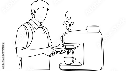 Man in apron holding coffee cup.