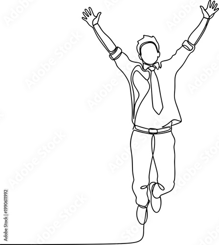 Man jumping with arms raised high.