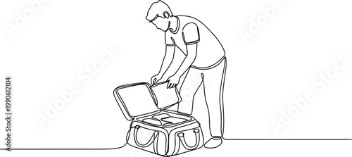Man opening a suitcase luggage travel.