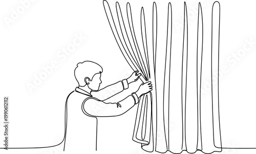 Man opening curtain window blinds.