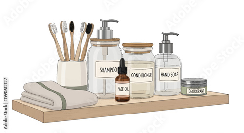Bathroom shelf with toiletries and towels on wooden board