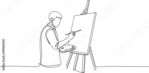 Man painting on large canvas board.