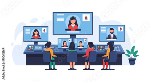 Remote team collaboration with video calls on multiple screens