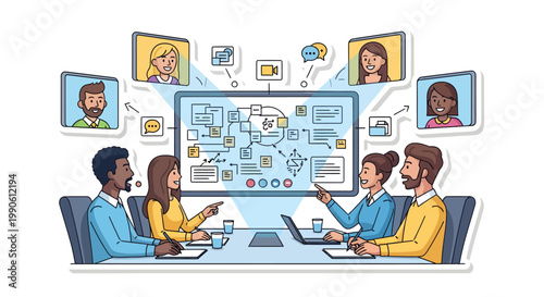 Diverse team collaborating remotely with laptops and video calls